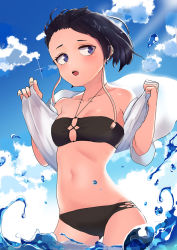 Rule 34 | 1girl, :o, bare shoulders, bikini, black bikini, black hair, blue eyes, blue sky, boku no hero academia, breasts, cable, clothes pull, cloud, collarbone, day, highres, in water, jirou kyouka, looking to the side, navel, outdoors, shirt, shirt pull, short hair, sky, small breasts, solo, swimsuit, water, white shirt, zd (pixiv6210083)