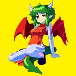 Rule 34 | 1girl, black footwear, breasts, brown eyes, draco centauros, dragon tail, dragon wings, dress, elbow gloves, fang, full body, gloves, gobori, green hair, green tail, horns, looking at viewer, medium breasts, medium hair, pantyhose, pointy ears, purple gloves, purple pantyhose, puyopuyo, red dress, red wings, shoes, side slit, simple background, sitting, sleeveless, sleeveless dress, smile, solo, tail, wings, yellow background
