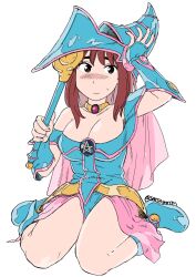 Rule 34 | 1girl, bare shoulders, blue footwear, blue hat, blush, boots, breasts, brown hair, capelet, cleavage, cosplay, dark magician girl, dark magician girl (cosplay), dress, duel monster, full body, hat, highres, holding, holding wand, kiruko (tengoku daimakyou), long hair, looking at viewer, medium breasts, off-shoulder dress, off shoulder, pelvic curtain, pink capelet, pink skirt, simisimimountain, simple background, sitting, skirt, smile, solo, tengoku daimakyou, wand, wariza, white background, wizard hat, yu-gi-oh!, yu-gi-oh! duel monsters