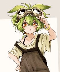 Rule 34 | 1girl, :o, adjusting eyewear, alternate costume, arm up, blush, brown overalls, brown shirt, commentary request, goggles, goggles on head, green hair, grey background, hand on own hip, highres, long hair, looking at viewer, low ponytail, messy hair, natsu tuna, off shoulder, open mouth, orange eyes, overalls, raised eyebrow, shirt, short sleeves, solo, spaghetti strap, strap slip, upper body, voicevox, wristband, zundamon