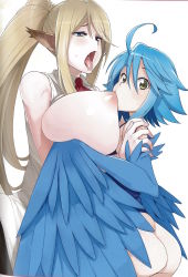 Rule 34 | 10s, 2girls, ahoge, animal ears, ass, bare shoulders, blonde hair, blue eyes, blue hair, blue wings, blush, breast sucking, breasts, breasts out, centaur, centorea shianus, detached sleeves, feathered wings, hair between eyes, half-closed eyes, hand on another&#039;s shoulder, harpy, highres, horse ears, huge breasts, long hair, looking at viewer, monster girl, monster musume no iru nichijou, multiple girls, open mouth, papi (monster musume), pointy ears, ponytail, saliva, simple background, source request, tamagoroo, taur, tongue, tongue out, torogao, white background, winged arms, wings, yellow eyes, yuri