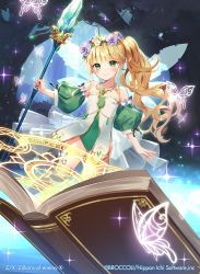 Rule 34 | 1girl, blonde hair, book, character request, company name, copyright notice, detached sleeves, fairy, fairy wings, floating, flower, green eyes, hair flower, hair ornament, holding, holding staff, jewelry, leotard, magic, magic circle, momoshiki tsubaki, necklace, official art, puffy sleeves, side ponytail, sidelocks, solo, staff, strapless, strapless leotard, wings, z/x