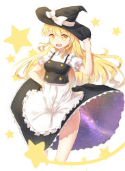 Rule 34 | 1girl, :d, apron, black hole, blonde hair, bow, braid, cowboy shot, frills, hat, hat bow, highres, ji dao ji, kirisame marisa, long hair, looking at viewer, open mouth, side braid, single braid, smile, solo, star-shaped pupils, star (symbol), starry sky print, symbol-shaped pupils, touhou, waist apron, wind, wind lift, witch hat, yellow eyes