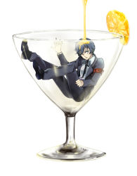 Rule 34 | 1boy, armband, atlus, bad id, bad pixiv id, blue eyes, blue hair, cocktail glass, cup, drinking glass, food, fruit, highres, juice, male focus, matching hair/eyes, orange (fruit), orange juice, persona, persona 3, school uniform, seojung, solo, wince, yuuki makoto (persona 3)