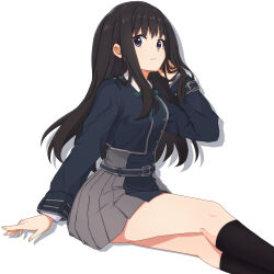 Rule 34 | 1girl, belt, black hair, black socks, blue belt, blue dress, closed mouth, collared shirt, commentary request, dress, expressionless, feet out of frame, green ribbon, grey dress, hand in own hair, hand up, highres, inoue takina, kneehighs, long hair, long sleeves, looking at viewer, lycoris recoil, lycoris uniform, neck ribbon, pleated dress, purple eyes, ribbon, shadow, shirt, simple background, sitting, socks, solo, split mouth, sumishake, thighs, two-tone dress, white background, white shirt