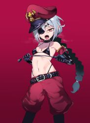 Rule 34 | belt, bikini, black gloves, braid, breasts, choker, commentary request, elbow gloves, eyepatch, gloves, hat, highres, jewelry, long hair, looking at viewer, military hat, navel, necklace, open mouth, original, peaked cap, piercing, pointy ears, red eyes, revealing clothes, riding crop, ryuu tou, small breasts, swimsuit, tongue, tongue out, tongue piercing, vampire, very long hair, white hair