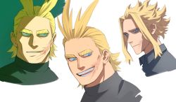 Rule 34 | 1boy, all might, black sweater, blonde hair, blue eyes, blue sclera, blue shirt, boku no hero academia, collared shirt, colored sclera, commentary, english commentary, green background, highres, male focus, parted lips, scar, scar on face, shirt, smile, sweater, teeth, trevo (trevoshere), white background, yagi toshinori