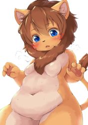 Rule 34 | 1girl, animal ear fluff, animal ears, animal hands, blue eyes, blush, body fur, breasts, brown hair, claws, female focus, furry, furry female, highres, lion ears, lion tail, looking down, mane, medium breasts, navel, no nipples, nude, original, plump, shiitakemeshi, solo, sweat, tail