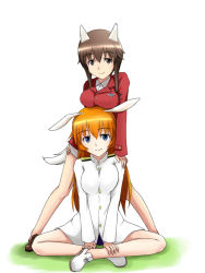 Rule 34 | 2girls, alternate costume, animal ears, blue eyes, breast rest, breasts, brown eyes, brown hair, buttons, charlotte e. yeager, cosplay, costume switch, dress, dress shirt, full body, isosceles triangle (xyzxyzxyz), large breasts, legs apart, long sleeves, medium breasts, military, military uniform, multiple girls, orange hair, rabbit ears, rabbit girl, red dress, shirt, simple background, smile, standing, strike witches, strike witches: kurenai no majo-tachi, tail, takei junko, uniform, white background, world witches series