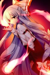 Rule 34 | 1girl, collared shirt, fire, fireball, fujiwara no mokou, grey hair, hair ribbon, hand in pocket, highres, kujou mikuru, long hair, long sleeves, looking at viewer, overalls, red background, red eyes, red overalls, ribbon, shirt, solo, touhou, very long hair, white ribbon, white shirt