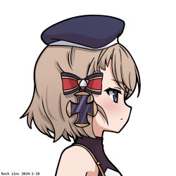 Rule 34 | 1girl, artist name, azur lane, bare shoulders, beret, black dress, black hat, blue eyes, blush, bow, brown hair, closed mouth, commentary request, cross, dated, dress, from side, hair bow, hat, highres, iron cross, portrait, profile, rock zinc, short hair, simple background, sleeveless, sleeveless dress, solo, striped bow, white background, z23 (azur lane)