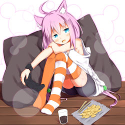 Rule 34 | 1girl, ahoge, animal ear fluff, animal ears, ass, asymmetrical legwear, bare arms, bare shoulders, bike shorts, black shorts, blue eyes, blush, cat ears, chips (food), chopsticks, commentary request, controller, cup, drink, drinking glass, fang, food, game controller, hair between eyes, hair bobbles, hair ornament, highres, hinata channel, holding, long hair, looking at viewer, mismatched legwear, nekomiya hinata, no shoes, on floor, open mouth, orange thighhighs, pillow, pink hair, potato chips, shirt, short shorts, shorts, sitting, solo, striped clothes, striped thighhighs, su guryu, tank top, thighhighs, very long hair, virtual youtuber, white background, white shirt, wooden floor