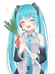 Rule 34 | 1girl, aqua eyes, aqua hair, aqua necktie, bare shoulders, black skirt, black sleeves, closed eyes, commentary, detached sleeves, facing viewer, food, grey shirt, hair ornament, happy, hatsune miku, headphones, headset, highres, holding, holding food, holding spring onion, holding vegetable, long hair, necktie, noneon319, open mouth, red ribbon, ribbon, shirt, sketch, skirt, sleeveless, sleeveless shirt, smile, solo, sparkle, spring onion, twintails, twitter username, upper body, vegetable, very long hair, vocaloid, white background