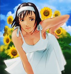 Rule 34 | 1girl, bare shoulders, bent over, black hair, breasts, cleavage, collarbone, day, dress, field, flower, flower field, hairband, hand on own hip, kawano takuji, kazama jun, large breasts, lips, mature female, namco, official art, short hair, solo, sundress, sunflower, sunflower field, tekken, tekken 2, tekken tag tournament, tekken tag tournament 2, textless version, white dress