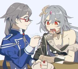 Rule 34 | 2girls, artist name, black hair, blue eyes, blue jacket, cake, dual persona, feeding, food, fu hua, fu hua (herrscher of sentience), fu hua (valkyrie accipiter), glasses, grey background, hair ornament, highres, holding, holding plate, holding spoon, honkai (series), honkai impact 3rd, jacket, long hair, long sleeves, multiple girls, open mouth, plate, ponytail, red eyes, revision, simple background, spoon, uehara suiyo, upper body