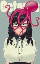 Rule 34 | 1girl, animal, animal on head, aqua background, arms at sides, black-framed eyewear, black eyes, black hair, blunt bangs, breasts, collared shirt, commentary, english text, glasses, highres, large breasts, long hair, looking at viewer, neck ribbon, octopus, on head, original, parted lips, ribbon, ryokucha michi, shirt, simple background, solo, tentacles, upper body, wavy hair, white shirt