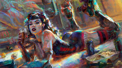 Rule 34 | 1girl, agents of mayhem, arm tattoo, armor, armored boots, ball, bare shoulders, bento, billiard ball, black hair, black thighhighs, bodysuit, book, boots, bottle, burger, chair, cup, curly hair, daisy (agents of mayhem), drink, drinking glass, earrings, eyelashes, food, freckles, from side, full body, greaves, green eyes, half-closed eyes, indoors, jewelry, leg tattoo, leotard, lipstick, long hair, makeup, martanael, muscular, muscular female, nail polish, office chair, solo, spread legs, star tattoo, swept bangs, swivel chair, tattoo, teeth, thick eyebrows, thighhighs