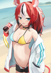 Rule 34 | 1girl, animal ears, bikini, bikini under clothes, blue eyes, bottle, breasts, hakos baelz, hand in pocket, highres, holding, holding bottle, hololive, hololive english, jacket, long hair, medium breasts, mouse ears, mouse girl, mouse tail, multicolored hair, navel, open fly, open mouth, red hair, short shorts, shorts, shuuzo3, soda bottle, solo, stomach, streaked hair, swimsuit, tail, virtual youtuber, white jacket