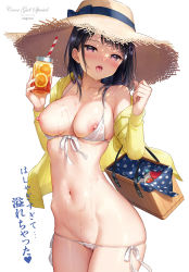 Rule 34 | 1girl, basket, bikini, bikini pull, black hair, breasts, breasts out, cameltoe, cleavage, cleft of venus, clothes pull, comic anthurium, drink, hat, highres, hip bones, hood, hooded jacket, hoodie, ichigo-chan (mignon), jacket, long hair, looking at viewer, lowleg, lowleg bikini, medium breasts, mignon, navel, nipples, off shoulder, open clothes, open jacket, open mouth, purple eyes, saliva, side-tie bikini bottom, simple background, skindentation, solo, straw hat, string bikini, swimsuit, tongue, tongue out, wet, white bikini