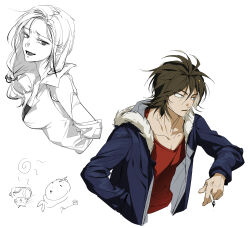 Rule 34 | 1boy, 1girl, absurdres, aotu tomato, blue jacket, breasts, brown hair, cigarette, collarbone, fur-trimmed jacket, fur trim, greyscale, hair between eyes, hair bobbles, hair ornament, highres, holding, holding cigarette, isoi reiji, jacket, large breasts, long sleeves, low ponytail, monochrome, open clothes, open jacket, open mouth, red shirt, saibou shinkyoku, sanpaku, shirt, short hair, side ponytail, simple background, smile, upper body