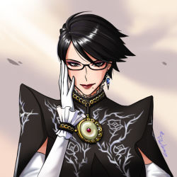 Rule 34 | 1girl, adjusting eyewear, alternate hair length, alternate hairstyle, amulet, artist name, bayonetta, bayonetta, bayonetta (series), bayonetta 2, black hair, darika wora-apinyaporn, earrings, elbow gloves, eyeshadow, glasses, gloves, hand on own face, jewelry, lipstick, makeup, mole, mole under mouth, paintze, short hair, solo, white gloves