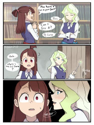 Rule 34 | ..., 2girls, ?, blonde hair, blue eyes, blush, book, bookshelf, brown hair, closed mouth, diana cavendish, diooksan, english text, eyebrows hidden by hair, closed eyes, heart, highres, holding, holding wand, kagari atsuko, little witch academia, looking at another, medium hair, meme, multiple girls, oksandio, parted lips, red eyes, sweatdrop, teeth, twitter username, upper teeth only, wand, yuri