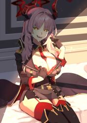 Rule 34 | 1girl, bed, belt, black belt, black footwear, black gloves, blue archive, boots, bra, breasts, cleavage, demon girl, demon horns, garter straps, gloves, halo, highres, horns, large breasts, looking at viewer, military uniform, mole, mole on breast, necktie, pink hair, pyuuki109, red bra, red necktie, red thighhighs, satsuki (blue archive), sitting, smile, solo, sweat, thigh boots, thighhighs, underwear, uniform, yellow eyes