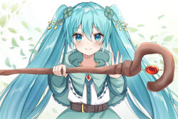 Rule 34 | 1girl, aqua eyes, aqua hair, belt, blush, buckle, cape, closed mouth, dot nose, falling leaves, hair between eyes, hair ornament, hatsune miku, highres, holding, holding staff, hood, hood down, hooded cape, jewelry, leaf, leather belt, long hair, long sleeves, looking at viewer, noneon319, pendant, raised eyebrows, short cape, sidelocks, simple background, smile, solo, staff, straight-on, twintails, upper body, vocaloid, white background