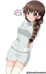 Rule 34 | 1girl, arms behind back, bad id, bad pixiv id, black ribbon, blush, braid, braided ponytail, closed mouth, collared shirt, commentary, cowboy shot, dutch angle, frown, girls und panzer, grey shirt, grey skirt, hair ornament, hair over shoulder, hair ribbon, hairclip, highres, long hair, looking at viewer, miniskirt, non-web source, nurse, pencil skirt, ribbon, rukuriri (girls und panzer), shirt, short sleeves, simple background, single braid, skirt, solo, spoken blush, standing, sweatdrop, thighhighs, twitter username, white background, white thighhighs