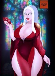 Rule 34 | 1girl, albino, blood, blue eyes, carmilla (castlevania), castlevania (series), castlevania (netflix), claws, cleavage cutout, clothing cutout, dress, female focus, heart, highres, lipstick, long hair, looking at viewer, makeup, pale skin, red dress, solo, thick thighs, thighs, threatening, vampire, white hair