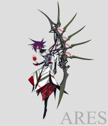 Rule 34 | 1boy, ares (mythology), blade, cable, character name, full body, greek mythology, grey background, grin, hair over one eye, highres, looking at viewer, magic, male focus, original, palow, purple hair, red eyes, smile, solo, spiked hair