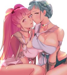 Rule 34 | 2girls, aged up, armlet, blue hair, blush, braid, breasts, brown eyes, cleavage, crown braid, dancer, dancer (fire emblem: three houses), dress, female focus, fire emblem, fire emblem: three houses, highres, hilda valentine goneril, jewelry, large breasts, long hair, looking at viewer, marianne von edmund, matching hair/eyes, multiple girls, nintendo, parted lips, pelvic curtain, pink eyes, pink hair, simple background, single-shoulder dress, sou mei, thighs, tongue, tongue out, twintails, white background, yuri