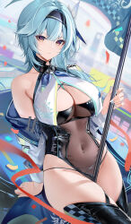 Rule 34 | 1girl, absurdres, alternate costume, arm support, asymmetrical hair, bare shoulders, between breasts, bikini, bikini under clothes, black bikini, black hairband, black leotard, black thighhighs, blue hair, blue nails, blurry, blurry background, blush, breasts, cleavage, closed mouth, confetti, congqian you ke xing, covered navel, eula (genshin impact), expressionless, flag, genshin impact, gradient eyes, hair ornament, hairband, highres, holding, holding flag, holding pole, jacket, large breasts, leotard, long sleeves, looking at viewer, medium hair, multicolored eyes, nail polish, navel, navel piercing, off shoulder, open clothes, open jacket, piercing, pole, purple eyes, race queen, sidelocks, solo, stomach, swimsuit, thighhighs, thighs, yellow eyes