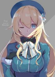 Rule 34 | 1girl, ascot, atago (kancolle), beret, black gloves, blonde hair, blue eyes, blue hat, breasts, character name, dated, gloves, grey background, hat, highres, kantai collection, large breasts, long hair, looking at viewer, military, military uniform, one eye closed, sashimi0gou, simple background, smile, solo, twitter username, uniform, upper body, white ascot