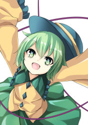 Rule 34 | 1girl, arai togami, arms up, commentary request, green eyes, green hair, hat, hat ribbon, highres, komeiji koishi, matching hair/eyes, open mouth, ribbon, short hair, simple background, skirt, smile, solo, touhou