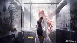 Rule 34 | 1girl, absurdres, animal ears, black skirt, cat ears, chinese commentary, coat, commentary request, cowboy shot, girls&#039; frontline, girls&#039; frontline neural cloud, hair between eyes, highres, holding, holding tablet pc, indoors, lab coat, long hair, long sleeves, looking at viewer, pantyhose, persicaria (neural cloud), pink eyes, pink hair, ribbed shirt, shirt, skirt, smile, solo, tablet pc, weibo watermark, white coat, yu-x