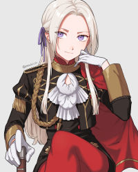 Rule 34 | 1girl, absurdres, aiguillette, ascot, axe, cape, closed mouth, commentary, crossed legs, edelgard von hresvelg, fire emblem, fire emblem: three houses, forehead, garreg mach monastery uniform, gloves, grey background, hair ribbon, highres, holding, holding axe, holding weapon, long hair, long sleeves, looking at viewer, nintendo, pantyhose, peach11 01, purple eyes, purple ribbon, red cape, red pantyhose, ribbon, simple background, sitting, smile, solo, twitter username, uniform, weapon, white ascot, white gloves, white hair