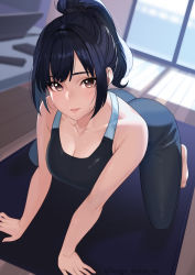 Rule 34 | 1girl, absurdres, all fours, bare arms, bare shoulders, blue hair, blue pants, blue shirt, blush, breasts, brown eyes, cleavage, closed mouth, collarbone, commentary request, highres, indoors, kagematsuri, large breasts, long hair, looking at viewer, original, pants, ponytail, revision, shirt, sleeveless, smile, solo