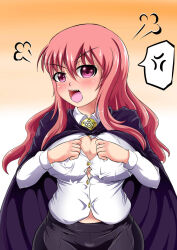 Rule 34 | 1girl, alternate breast size, anger vein, annoyed, blush, breasts, cleavage, highres, large breasts, looking at viewer, louise francoise le blanc de la valliere, open mouth, pink eyes, pink hair, sirat111, skirt, solo, top pull, zero no tsukaima