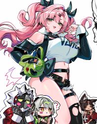 1boy 3girls :3 :d ? anby_demara animal_ears bare_shoulders billy_kid black_gloves black_hair black_ribbon blush_stickers breasts cat_ears fingerless_gloves gloves green_eyes hair_ribbon hand_up highres large_breasts long_hair long_sleeves looking_at_viewer mask midriff multiple_girls navel nekomiya_mana nicole_demara open_mouth parted_lips pink_hair pointing pointing_at_self ribbon shizakiya simple_background smile stomach strapless thigh_strap thighs tube_top two_side_up very_long_hair white_background white_hair zenless_zone_zero