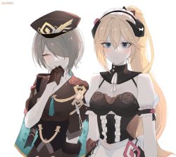 Rule 34 | 2girls, alternate costume, apron, baconontheclock, bad id, bad pixiv id, bianka durandal ataegina, bianka durandal ataegina (valkyrie gloria), bianka durandal ataegina (valkyrie gloria) (cosplay), black gloves, blonde hair, blue eyes, breasts, brown hair, brown headwear, brown jacket, cleavage, closed eyes, closed mouth, cosplay, costume switch, enmaided, gloves, hair between eyes, hair over one eye, hat, honkai (series), honkai impact 3rd, jacket, laughing, long hair, maid, maid apron, maid headdress, military, military hat, military jacket, military uniform, mole, mole under eye, multiple girls, ponytail, rita rossweisse, rita rossweisse (umbral rose), rita rossweisse (umbral rose) (cosplay), short hair, short sleeves, simple background, sleeves rolled up, smile, uniform, white background