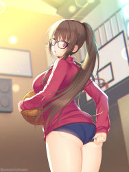 Rule 34 | 1girl, absurdres, ass, ball, basketball, basketball (object), basketball hoop, black buruma, breasts, brown hair, buruma, commentary request, glasses, gym, highres, holding, holding ball, indoors, jacket, jersey, kashiwamochi yomogi, large breasts, lens flare, long hair, long sleeves, looking at viewer, looking back, open mouth, original, pantylines, ponytail, red eyes, red jacket, simple background, solo, standing, track jacket, track suit