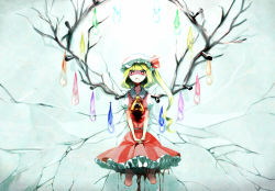 Rule 34 | 1girl, ascot, bad id, bad pixiv id, blonde hair, blood, blood on face, blood on clothes, crack, female focus, flandre scarlet, hat, hat ribbon, impaled, looking at viewer, red eyes, ribbon, shaded face, shirt, side ponytail, skirt, skirt set, solo, touhou, v arms, wings, yuura