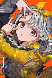 Rule 34 | absurdres, bow, bow hairband, braid, braided bangs, commentary request, fujishiro74, grey hair, hair bow, hairband, highres, hisakawa nagi, hood, hood down, hooded jacket, idolmaster, idolmaster cinderella girls, jacket, long hair, looking at viewer, low twintails, open mouth, orange background, rapping, twintails, upper body, very long hair, w, yellow bow, yellow hairband, yellow jacket, yellow nails