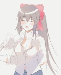 Rule 34 | 1girl, blue skirt, blush, breasts, cleavage, collared shirt, copyright request, closed eyes, grey hair, hair ribbon, hand fan, highres, holding, holding fan, long hair, medium breasts, noccu, open mouth, pleated skirt, ponytail, red ribbon, ribbon, shirt, skirt, solo, standing, unbuttoned, unbuttoned shirt, very long hair, white shirt, wing collar