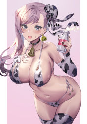 Rule 34 | 1girl, animal print, bare shoulders, bell, bikini, blue eyes, blush, bottle, breasts, bun cover, cleavage, collar, collarbone, cow print, detached sleeves, fate/grand order, fate (series), hair bun, large breasts, long hair, looking at viewer, milk bottle, miyamoto musashi (fate), navel, neck bell, open mouth, pink hair, single hair bun, smile, solo, swept bangs, swimsuit, thighhighs, thighs, white bikini, white thighhighs, yoshimoto (dear life)
