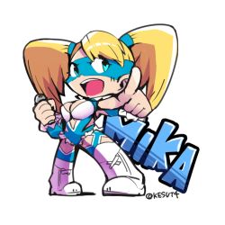 Rule 34 | 1girl, blonde hair, blue eyes, blue leotard, boots, breasts, character name, chibi, cleavage, cleavage cutout, clothing cutout, holding, holding microphone, kesut4, leotard, long hair, looking at viewer, mask, microphone, open mouth, pointing, rainbow mika, solo, street fighter, street fighter v, twintails, twitter username, wrestling outfit