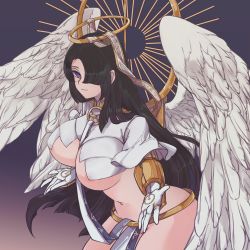 Rule 34 | 1girl, absurdres, angel, angel wings, azazel (last origin), between breasts, black hair, bottomless, breast curtains, breasts, covered erect nipples, feathered wings, gloves, gold, gradient background, hair over one eye, halo, highres, large breasts, last origin, long hair, looking at viewer, navel, no panties, purple eyes, revealing clothes, shrug (clothing), solo, uuunicorn23, very long hair, white gloves, white wings, wings