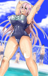 Rule 34 | 1girl, armpits, arms up, blurry, blurry background, blush, bouncing breasts, breasts, buruma, cloud, cup-chan, day, embarrassed, fence, green eyes, groin, hip focus, large breasts, legs, legs apart, long hair, motion lines, open mouth, outdoors, pink hair, pool, sky, solo focus, standing, stretching, sweat, swimsuit, thighs, water