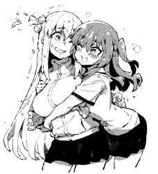 Rule 34 | 2girls, blush, bocchi the rock!, breasts, crumbling, cube hair ornament, gotoh hitori, greyscale, hair between eyes, hair ornament, hug, ireading, jacket, kita ikuyo, large breasts, long hair, long sleeves, looking at another, monochrome, multiple girls, one eye closed, one side up, open mouth, school uniform, simple background, skirt, smile, sweatdrop, track jacket, white background